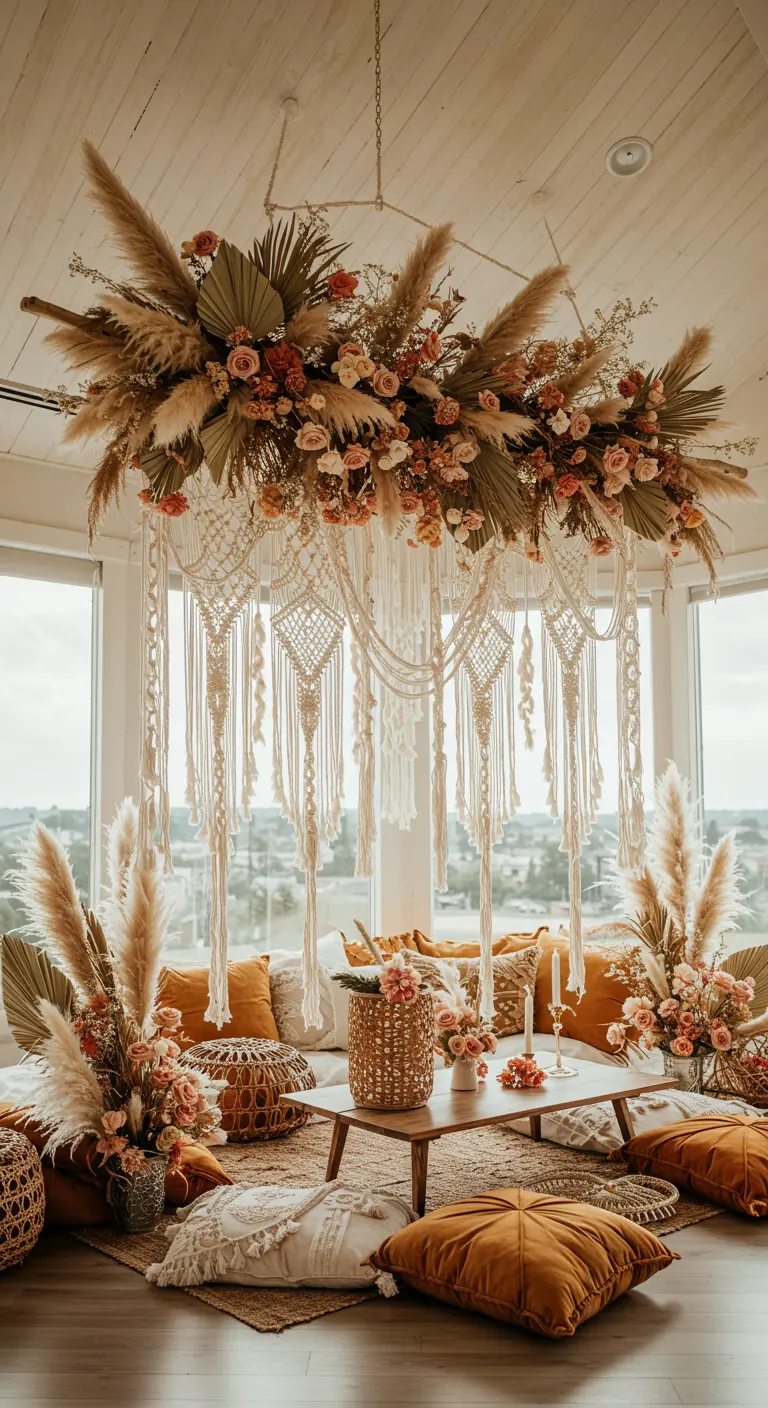 A stunning hanging installation of macramé and dried florals above a low seating area.