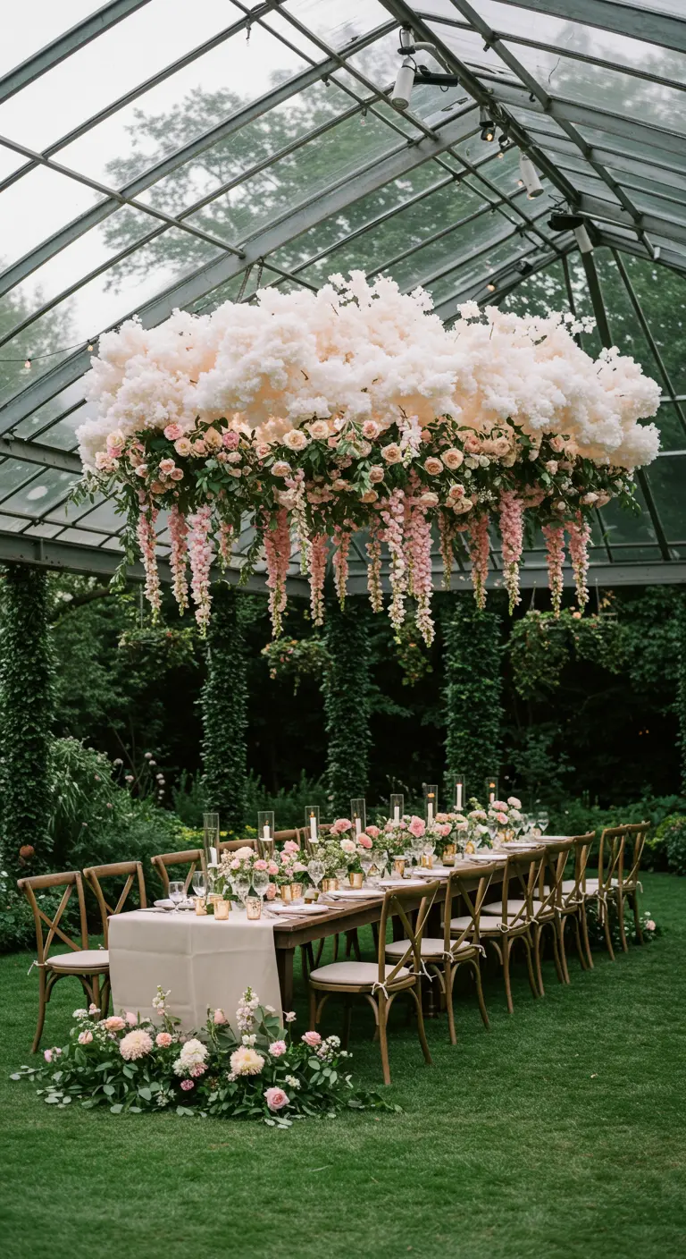 A huge hanging cloud of white and pink flowers floats above a long dining table on a lawn.