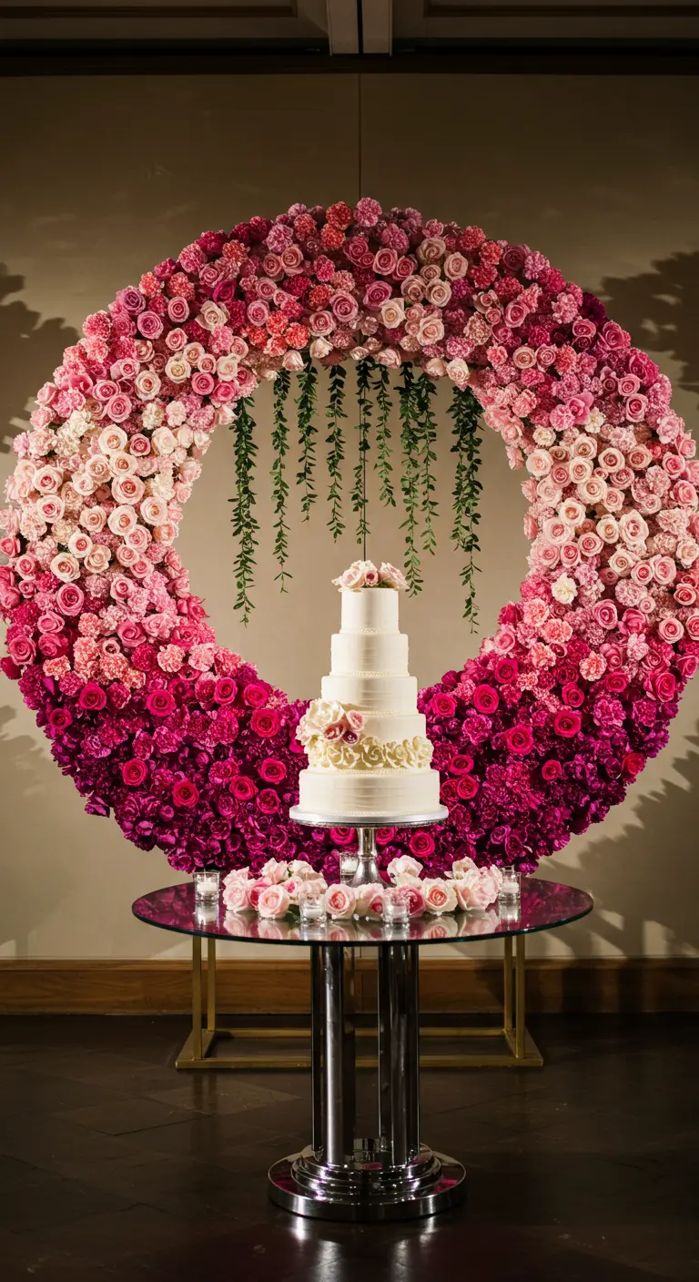 A huge circular wreath of ombré pink flowers framing a wedding cake.