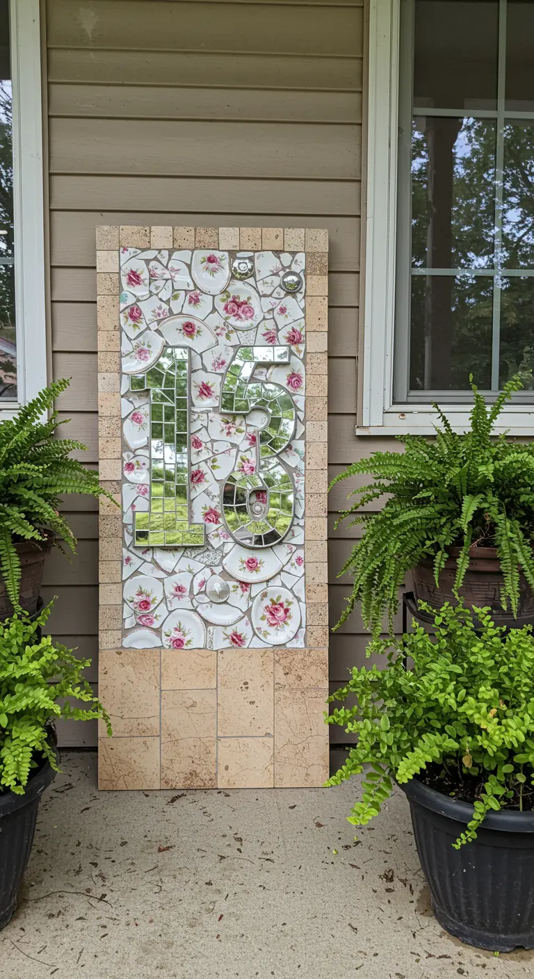 A mosaic house number plaque made with floral broken china and mirrored numbers, flanked by ferns.