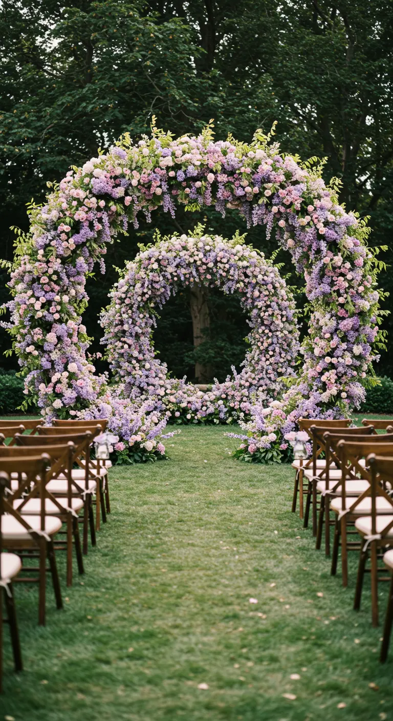 Two concentric wedding hoops creating a tunnel of lavender and pink flowers.