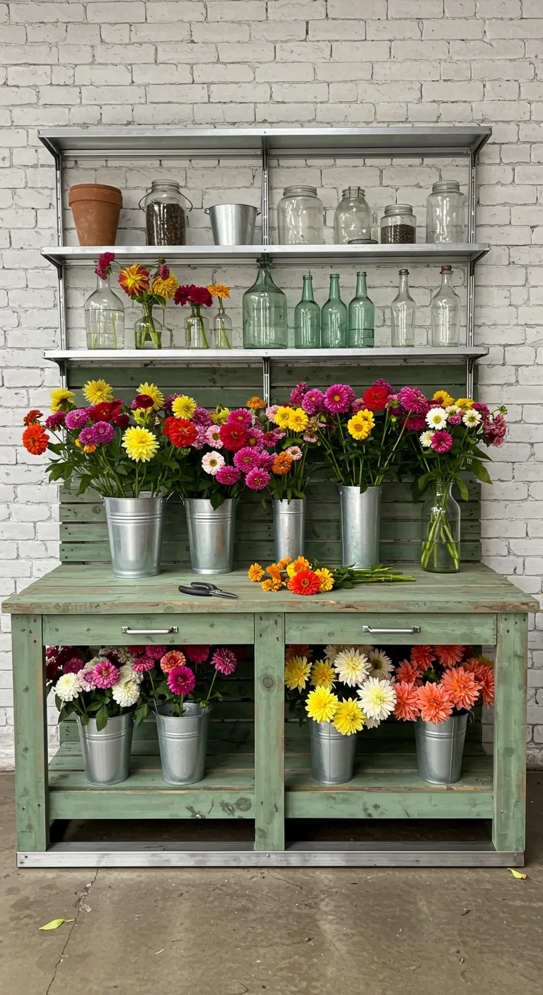 A sage green potting bench against a white brick wall, filled with vibrant dahlias in zinc buckets.