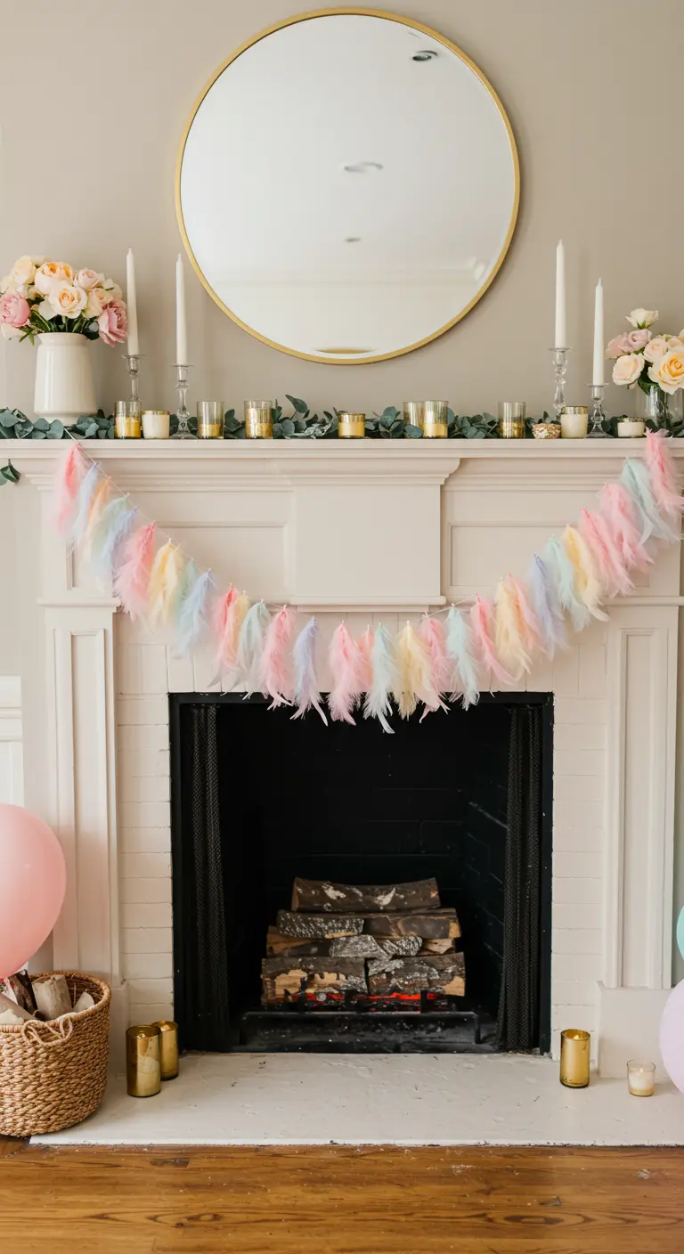 A delicate garland made of pastel-colored feathers on a white fireplace.