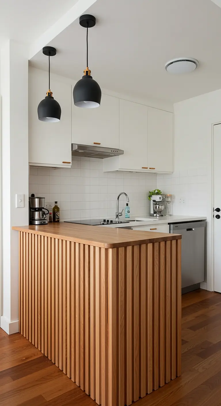 A kitchen island wrapped in vertical oak wood slats in a modern white kitchen.