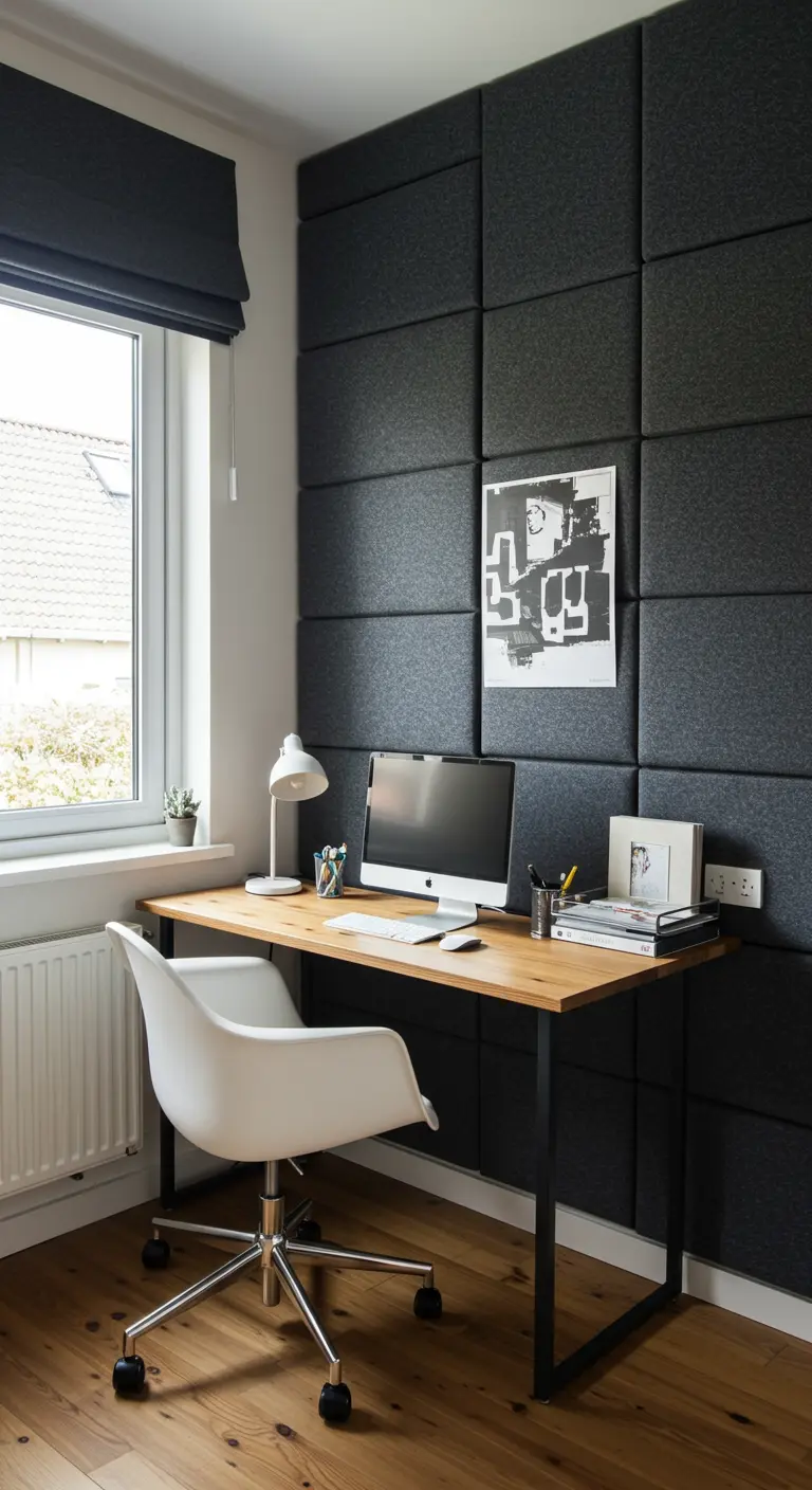 A home office with dark gray felt acoustic panels on the wall behind the desk.