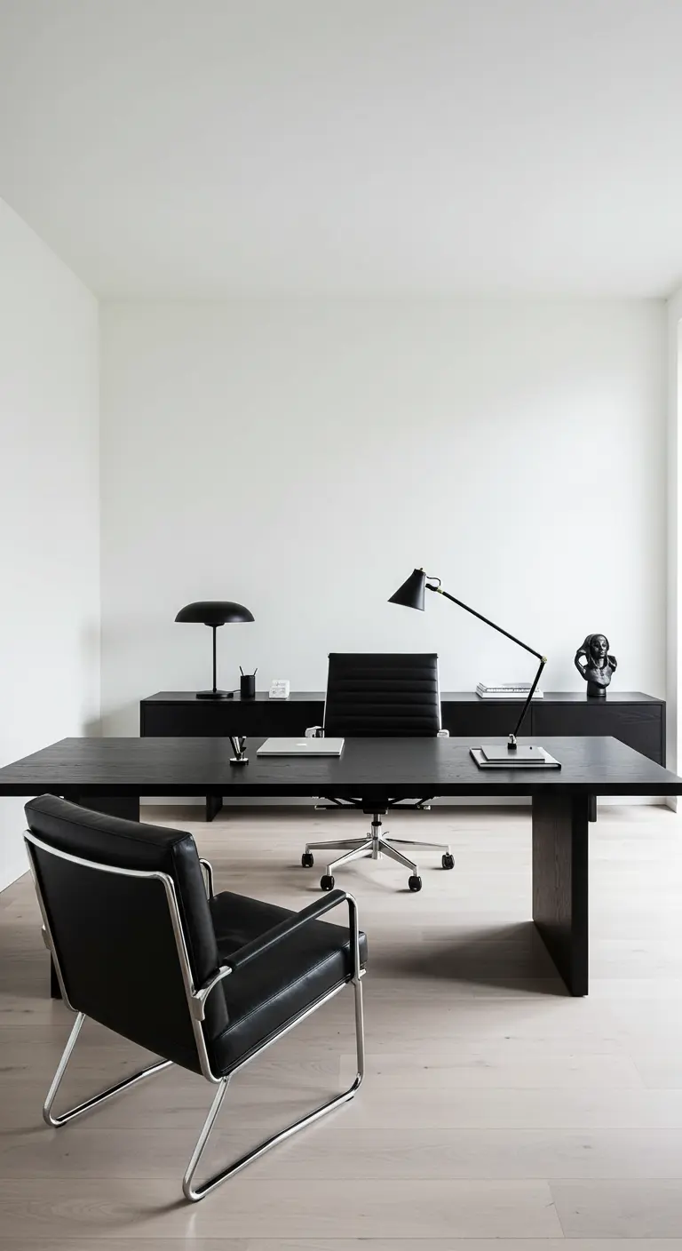 Minimalist home office with a black desk, chair, and chrome-frame lounge chair.