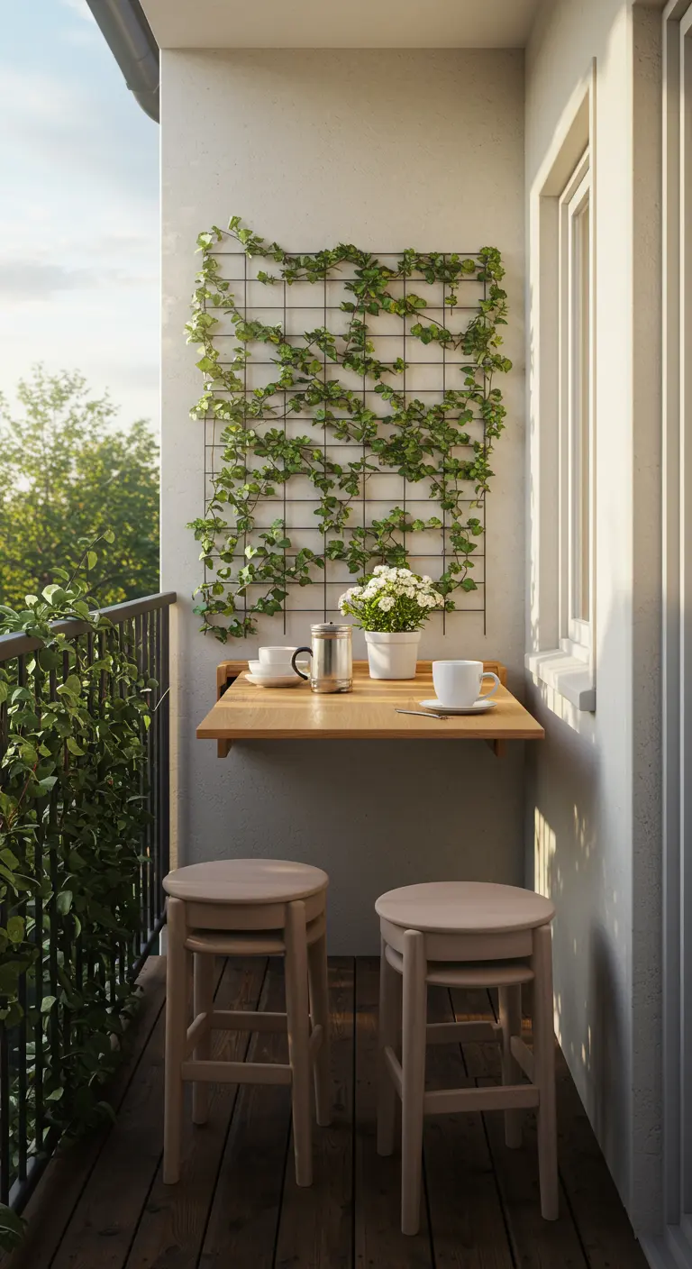 A small balcony with a wall-mounted folding table and a trellis with climbing plants.