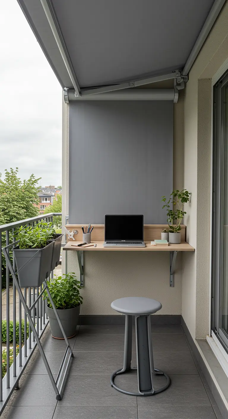 A compact balcony set up as an office with a fold-down wall desk and a single stool.