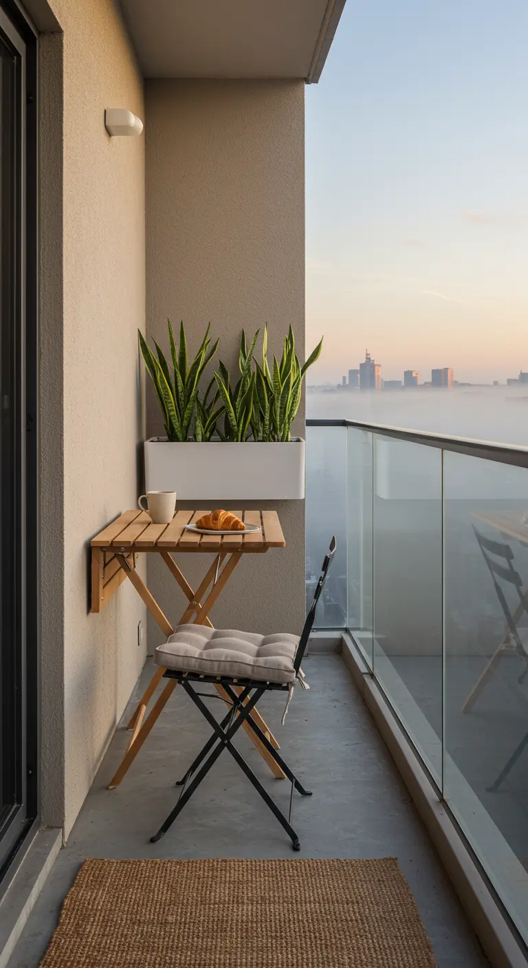 A minimalist balcony with a fold-down wooden table, a chair, and a white planter box with snake plants.