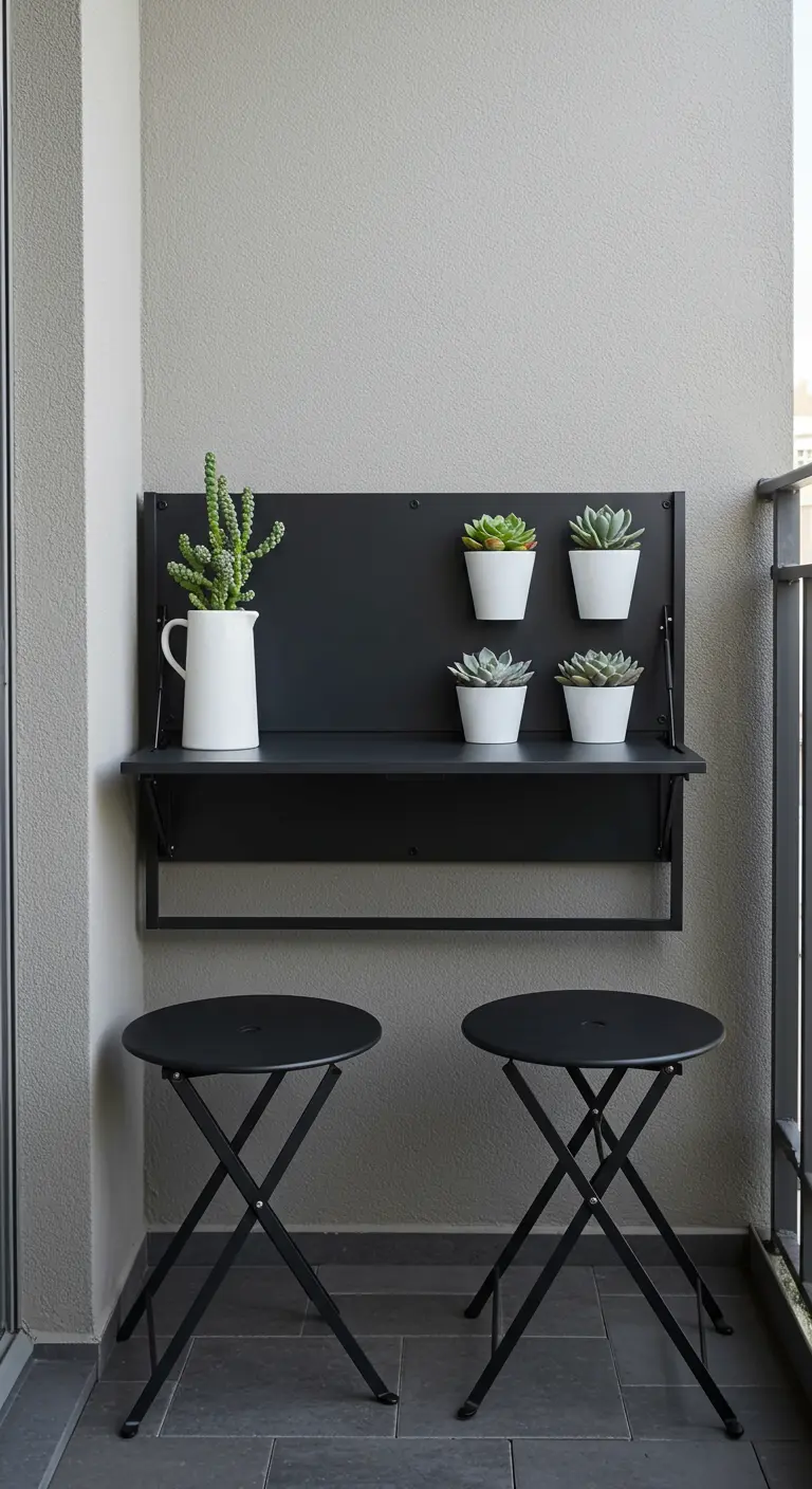 A wall-mounted black fold-down shelf with succulents, above two black folding stools in a tiny nook.