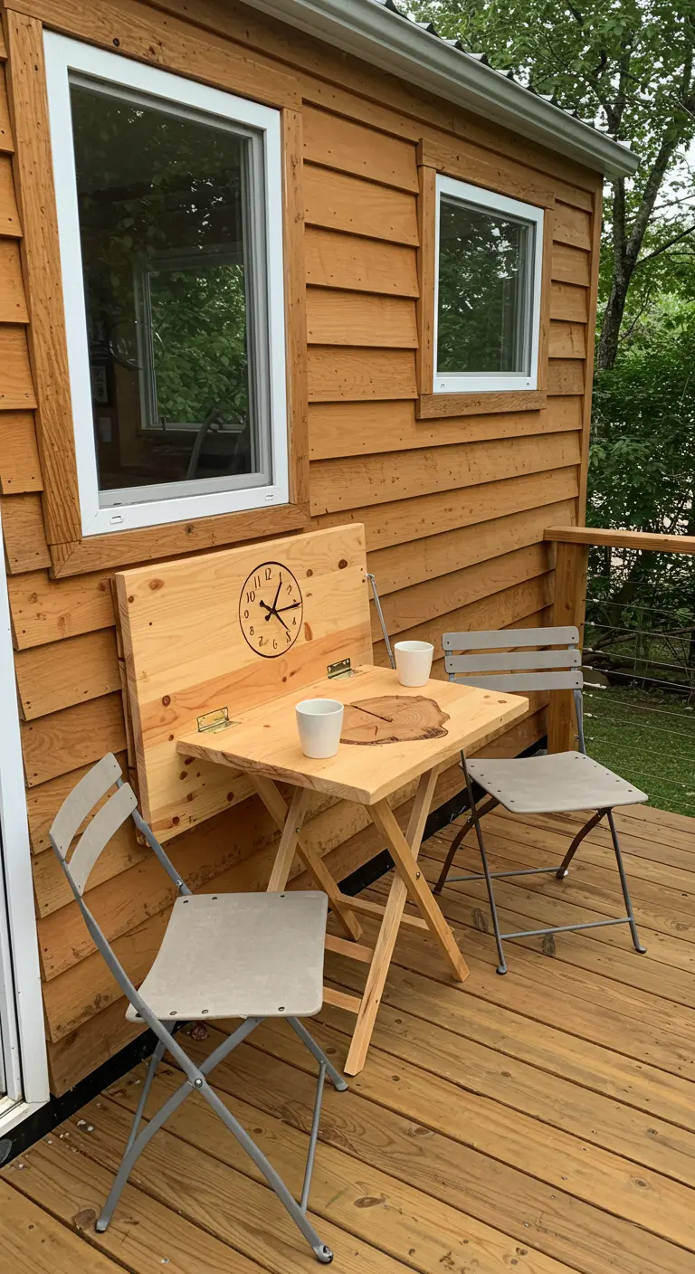 A folding wood slice table mounted to the wall of a tiny house, with a clock on the folded panel.