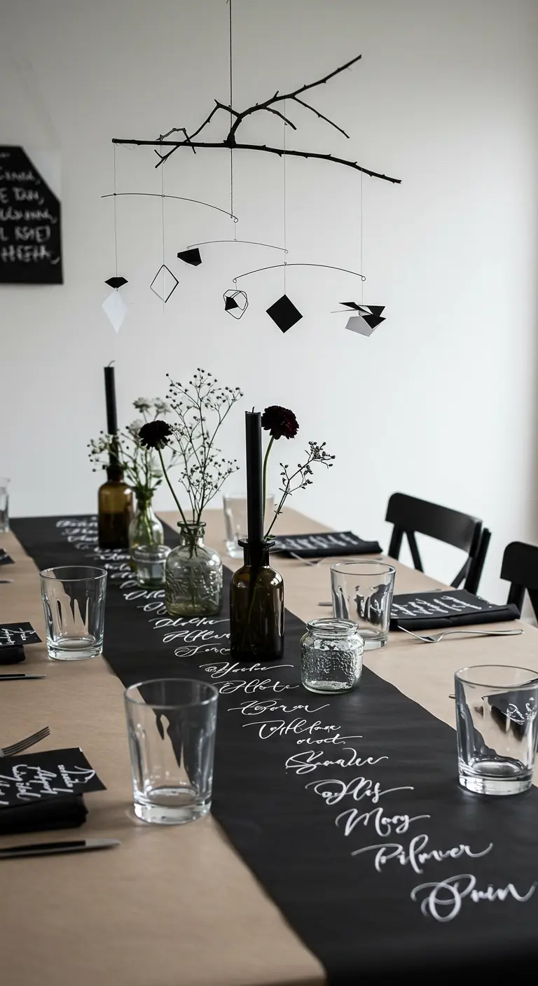 A minimalist branch mobile with black and white paper shapes over a dining table.