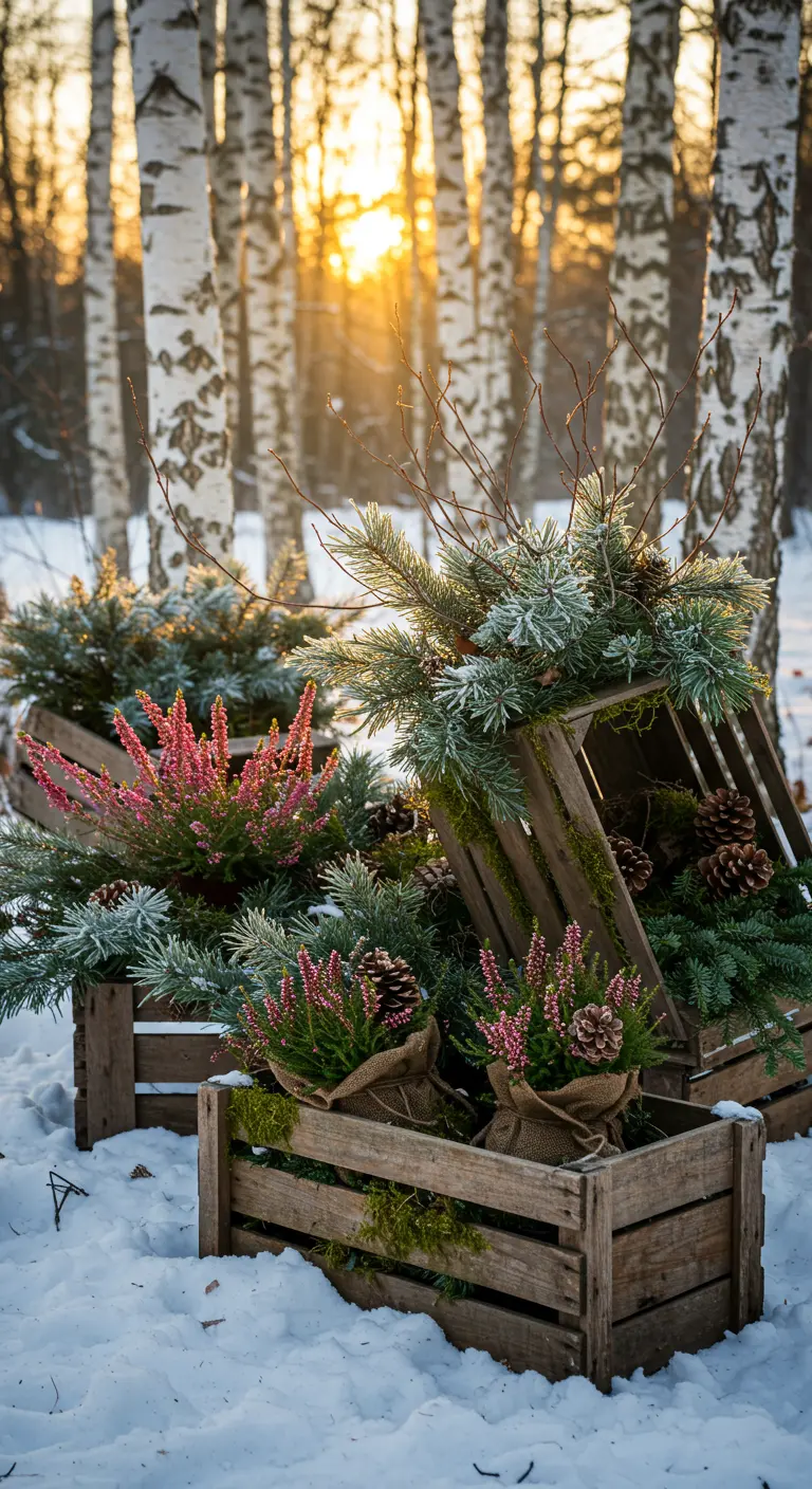 Angled wooden crates in snow filled with pink heather, frosted fir branches, moss, and pine cones.