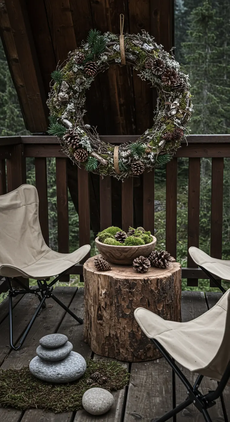 A large, natural wreath made of moss and pinecones hanging above a tree stump table.