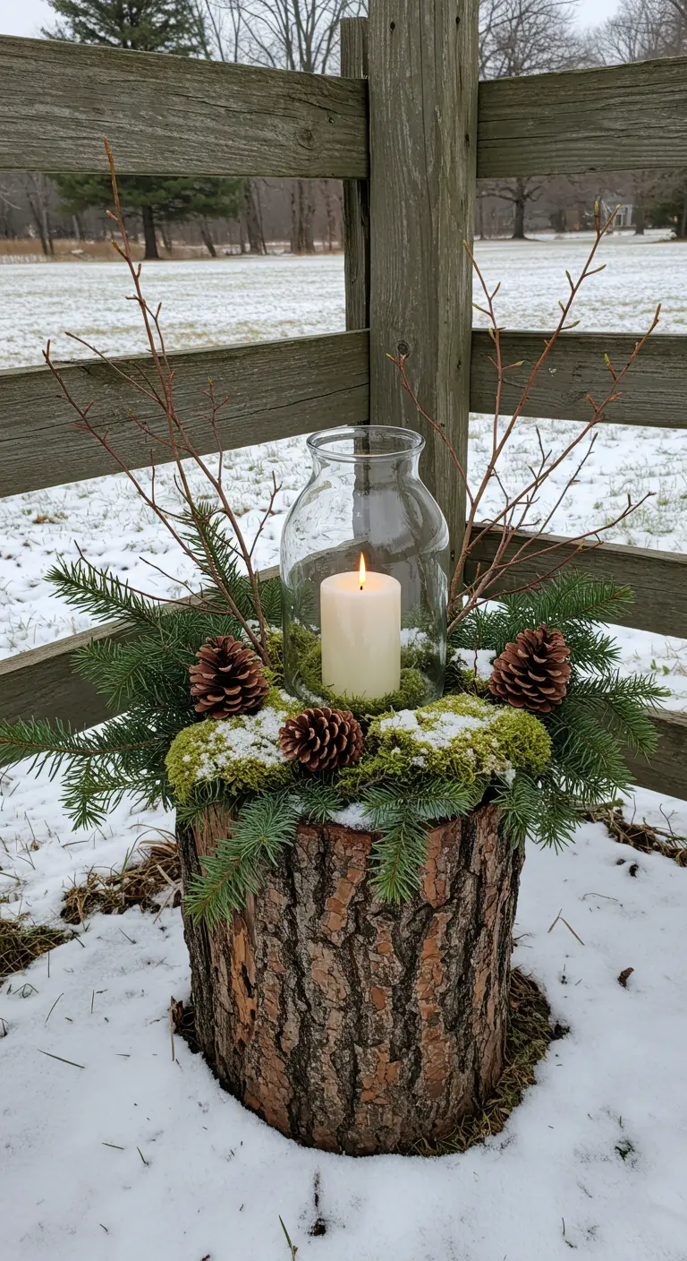 A candle in a glass vase sits on a mossy tree stump with pinecones.
