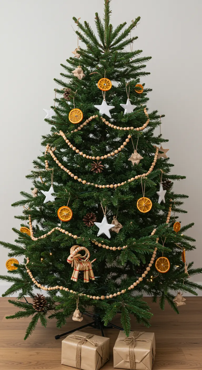Christmas tree decorated with natural elements like dried oranges, wooden beads, and straw goats.