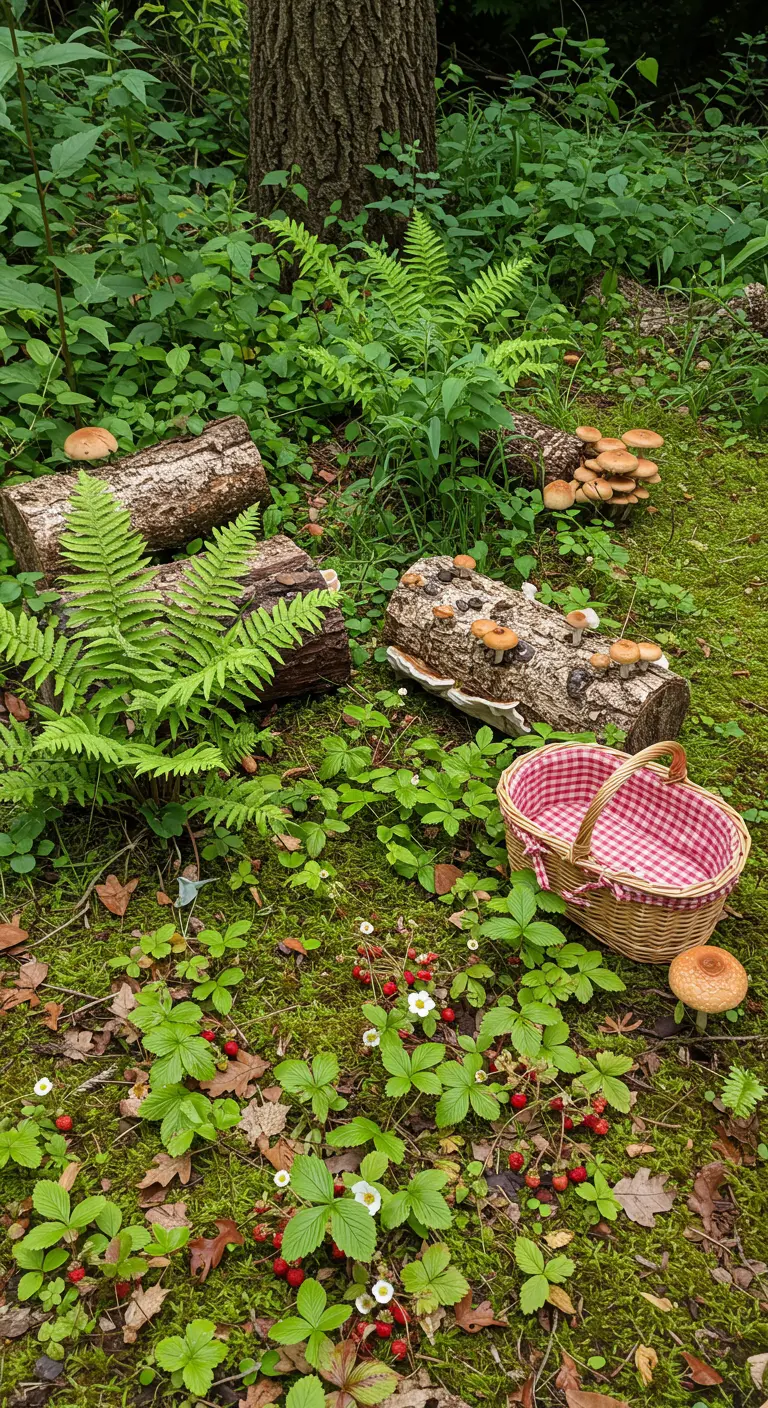 Wild strawberries and ferns growing around logs on a woodland floor, with a basket nearby.
