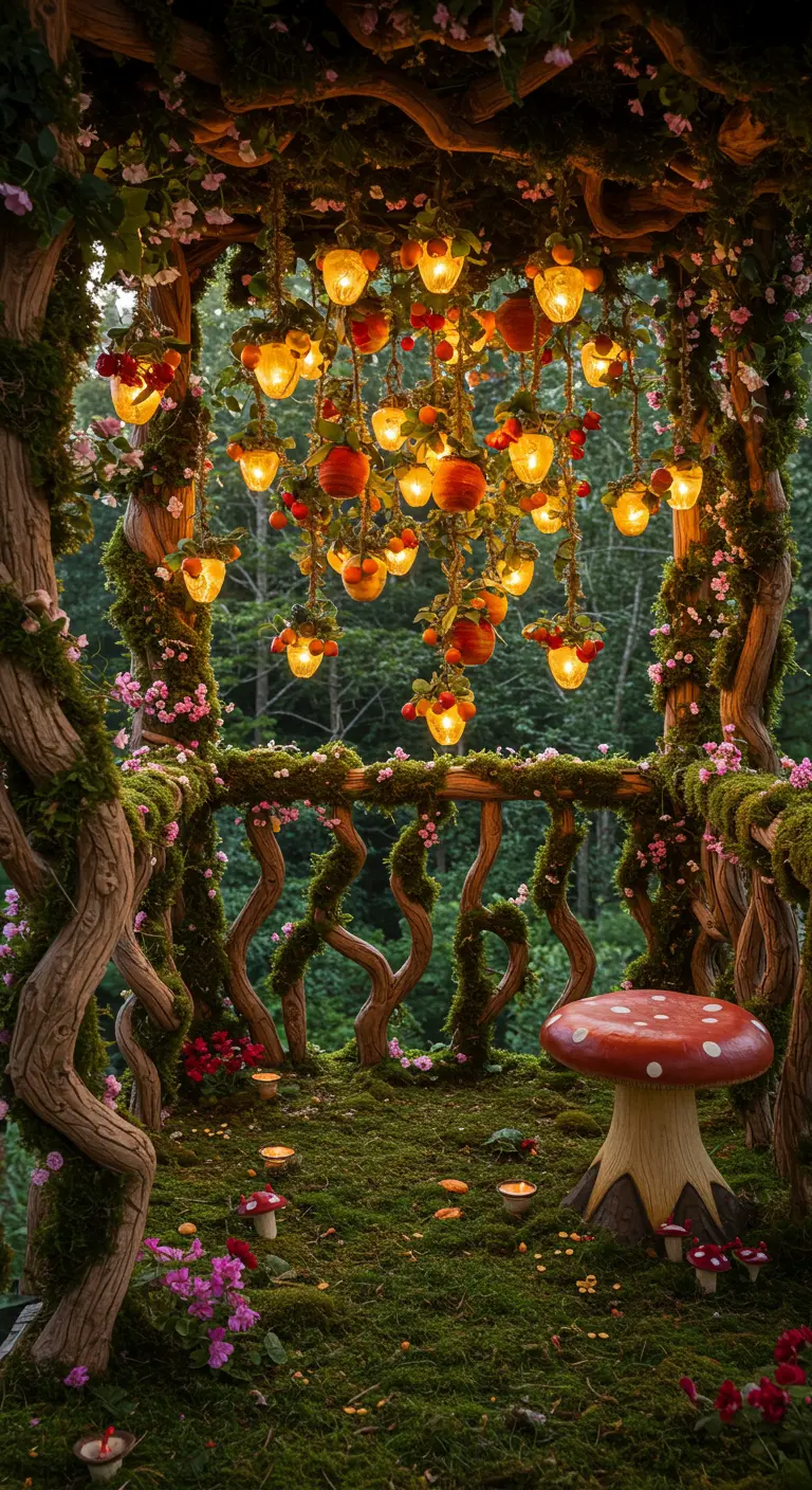 A magical balcony with glowing fruit-shaped lanterns and twisting, vine-covered railings.