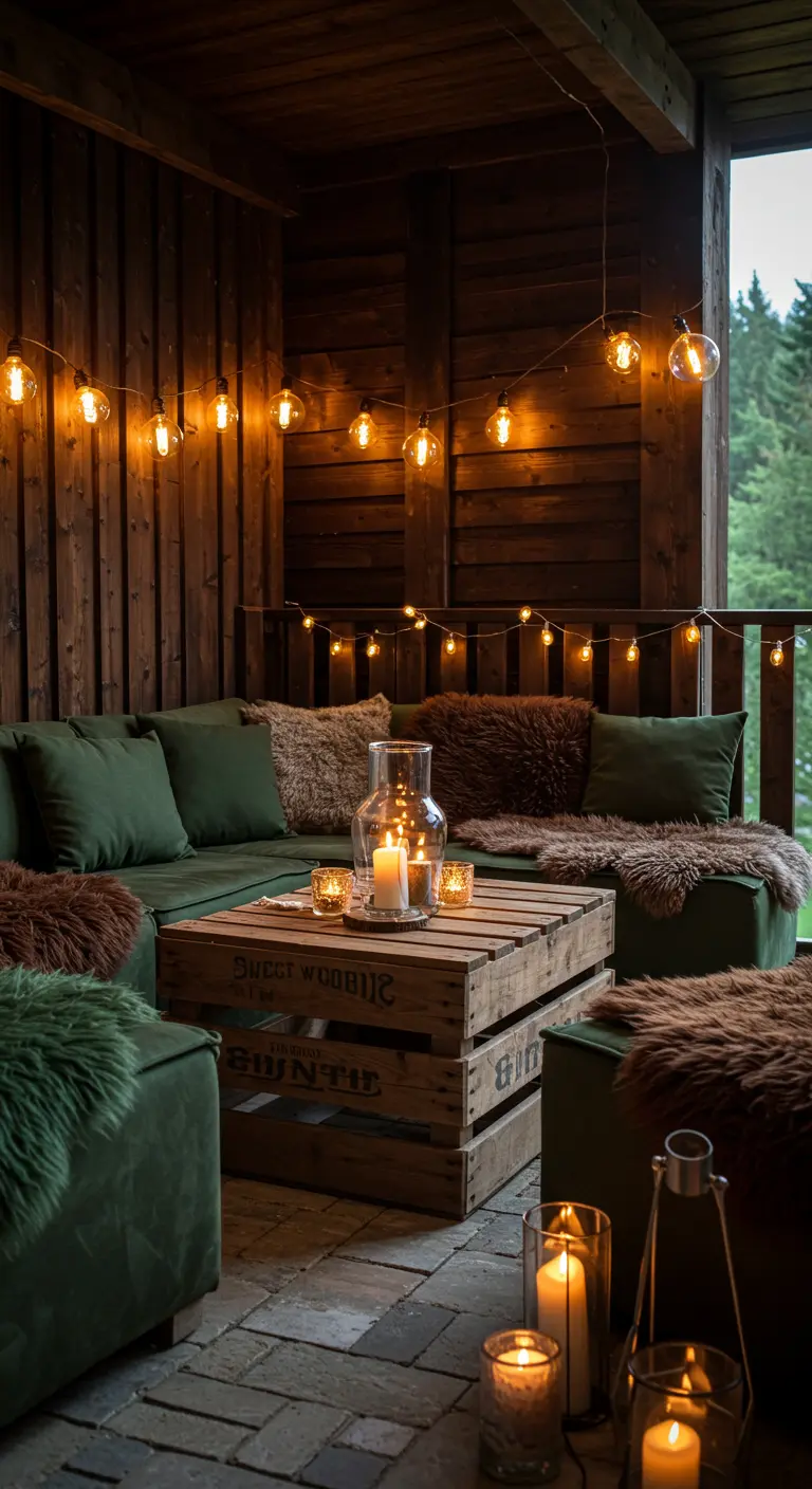 A cozy, covered balcony with dark green cushions, fur throws, and warm string lights.