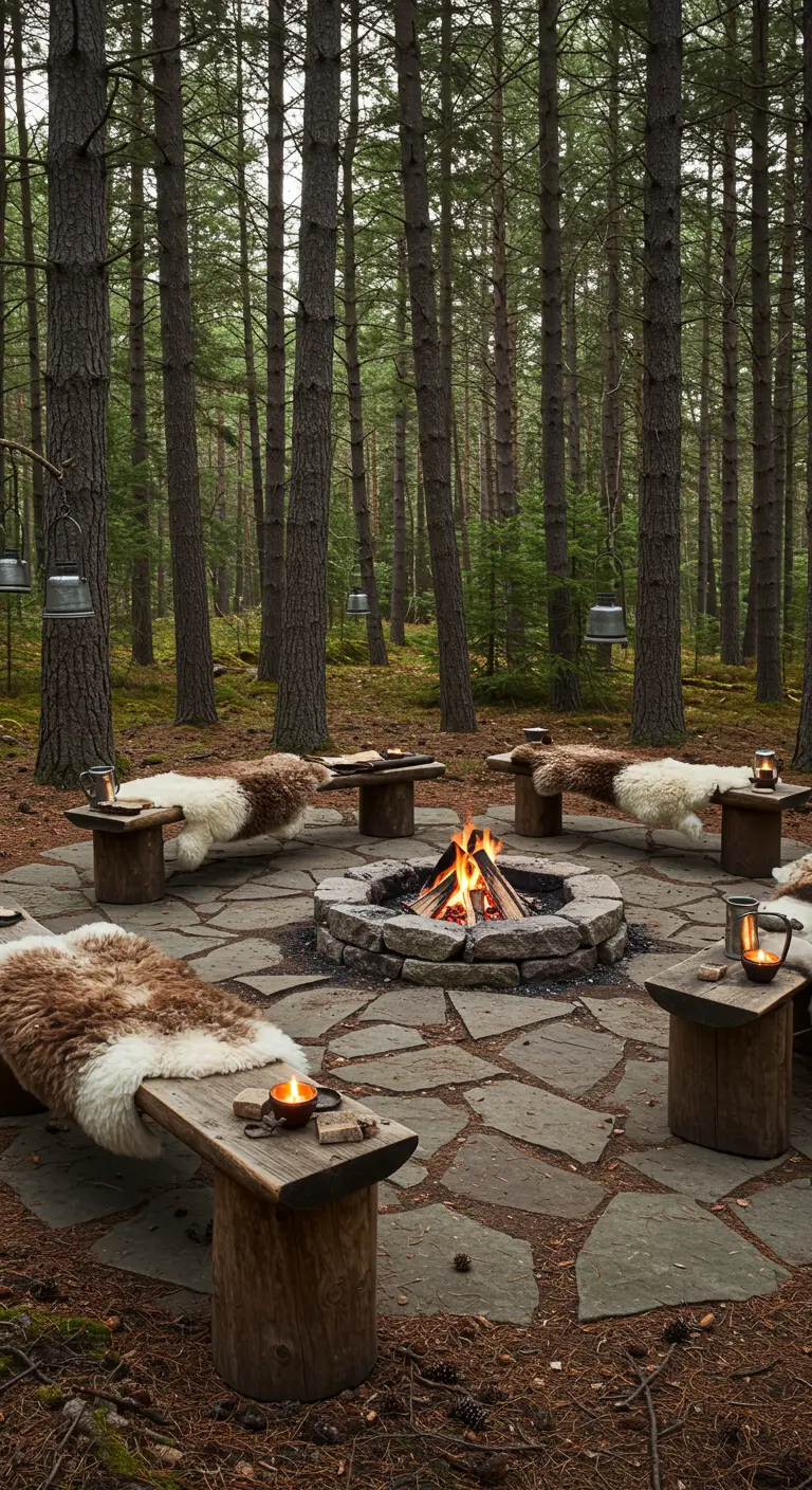 A stone fire pit in a pine forest with log benches covered in sheepskin throws.
