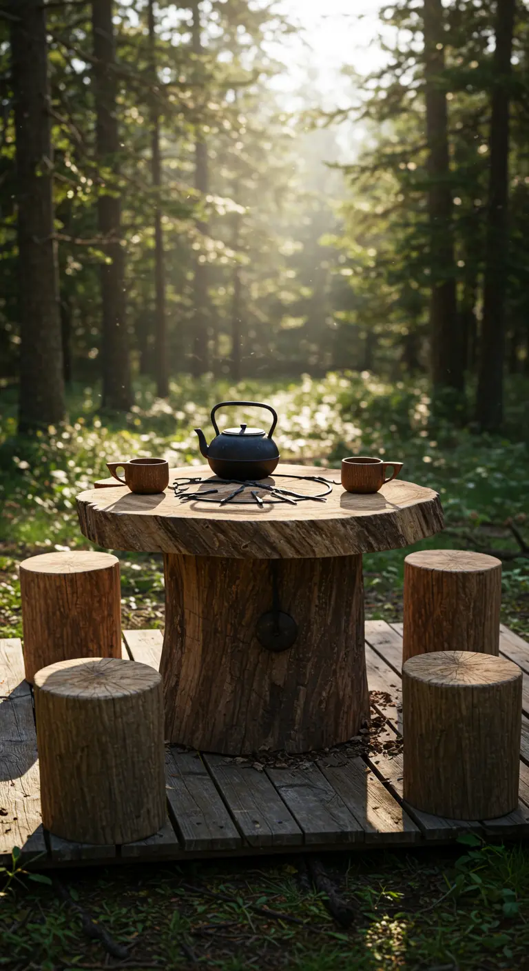 A large log table on a trunk base with matching log stump stools in a forest setting.