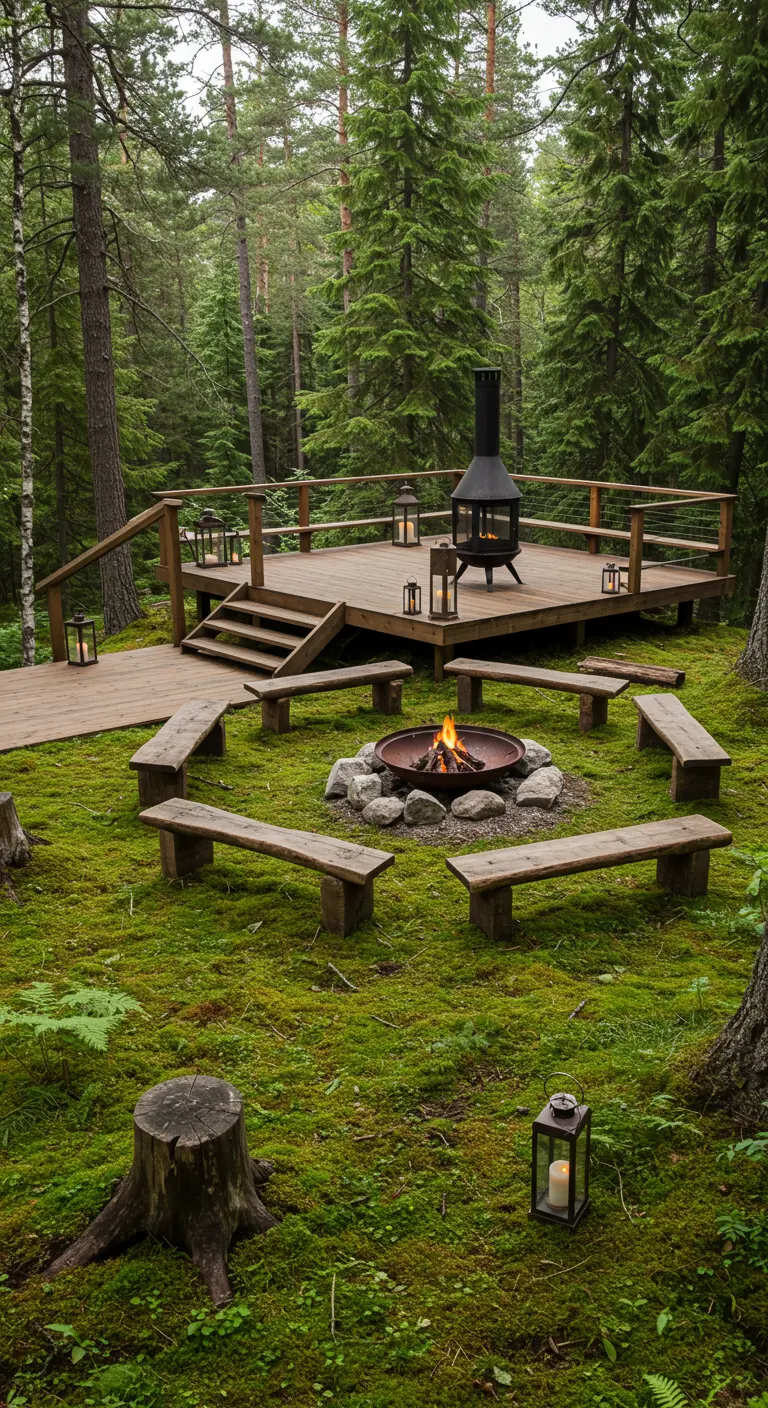 A fire pit surrounded by wooden benches on a mossy forest floor.