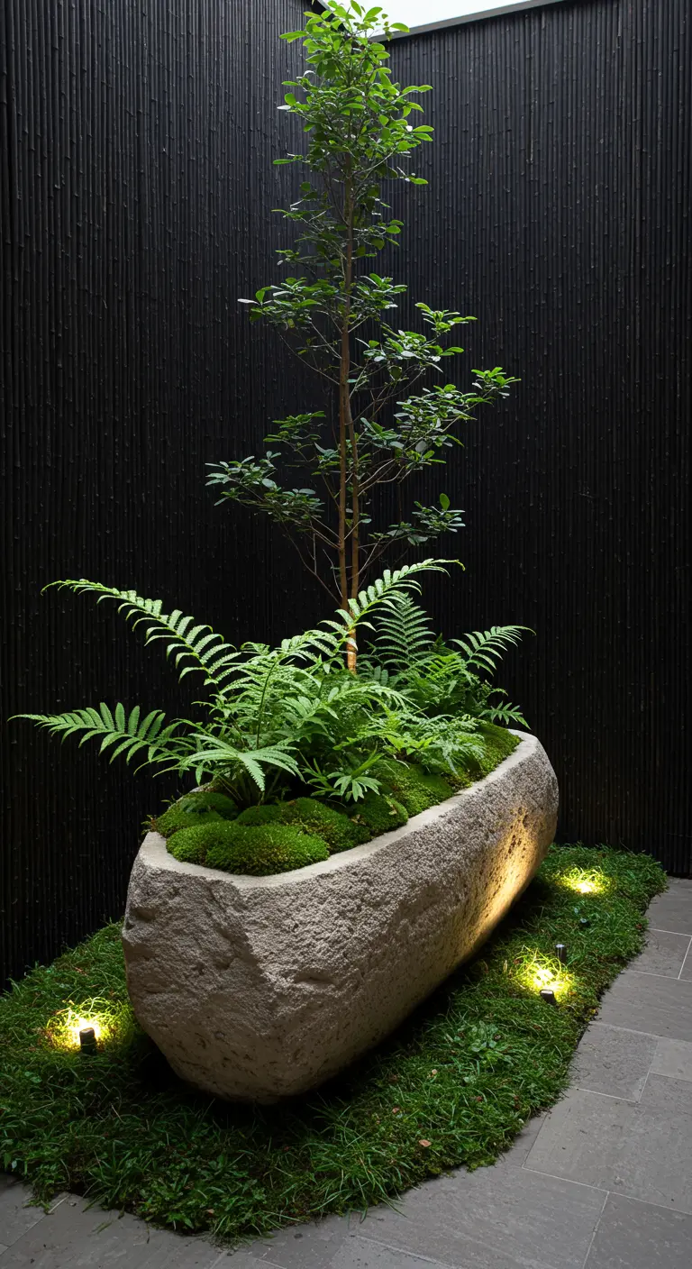 A large stone trough planter with a tree and ferns, lit by small spotlights