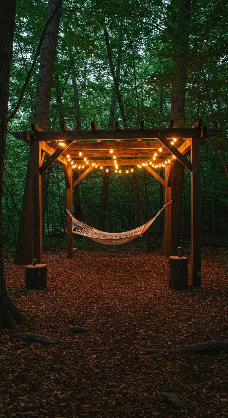 A simple pergola in the woods with a hammock strung beneath a canopy of Edison lights.