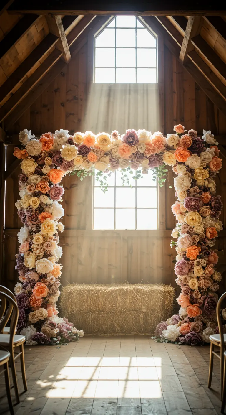 A stunning wedding arch in a rustic barn, completely covered in crepe paper flowers.