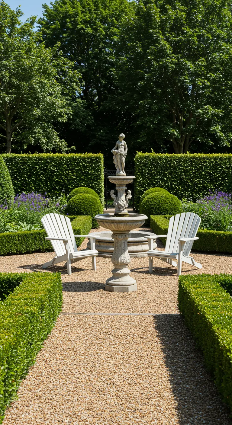 A formal garden with a statue fountain centerpiece, gravel paths, and two Adirondack chairs.
