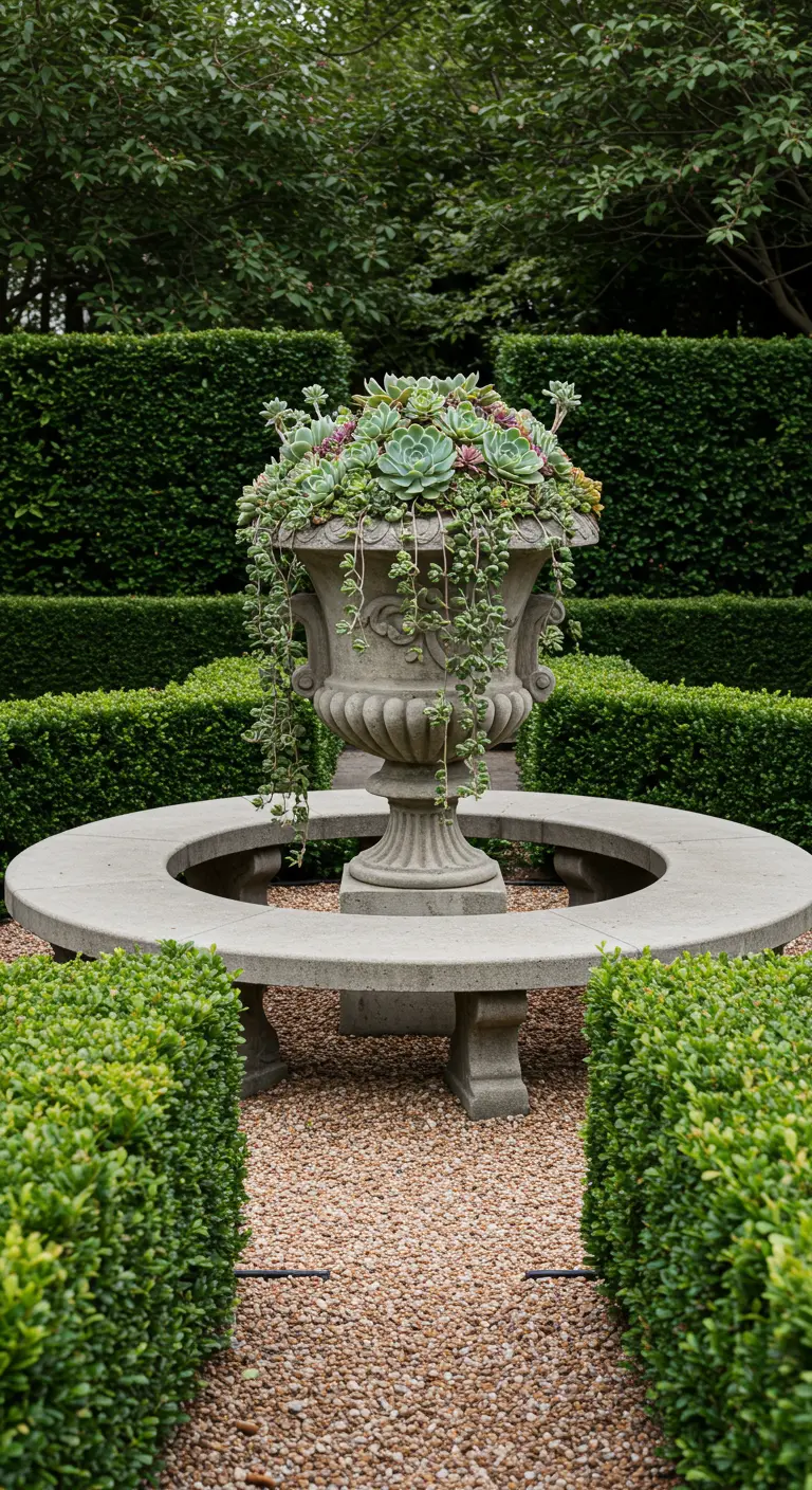 A circular concrete bench surrounding a large, ornate stone urn overflowing with succulents.