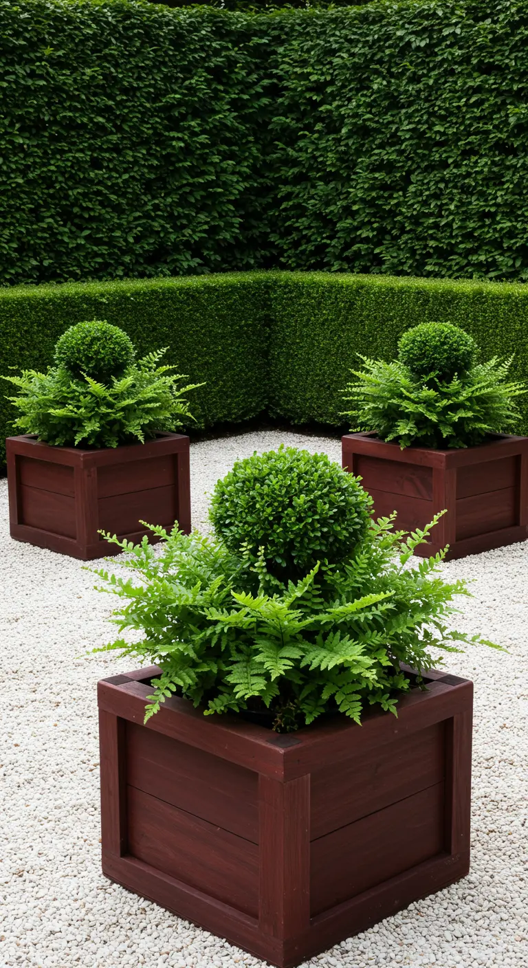 Three dark wood planters, each containing a boxwood sphere surrounded by delicate ferns, on a gravel patio.
