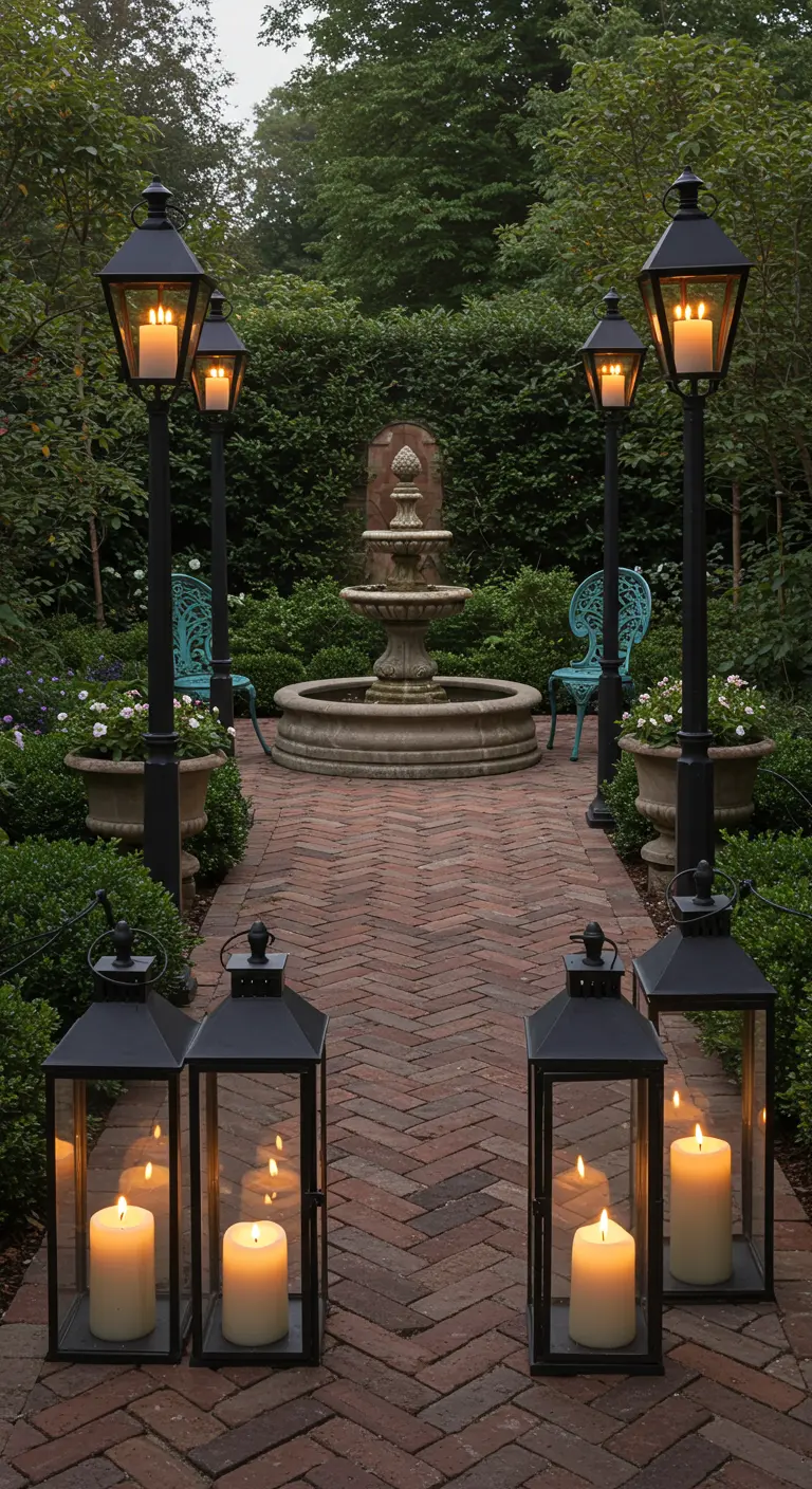 Large black lanterns frame a herringbone brick path leading to a classical fountain.