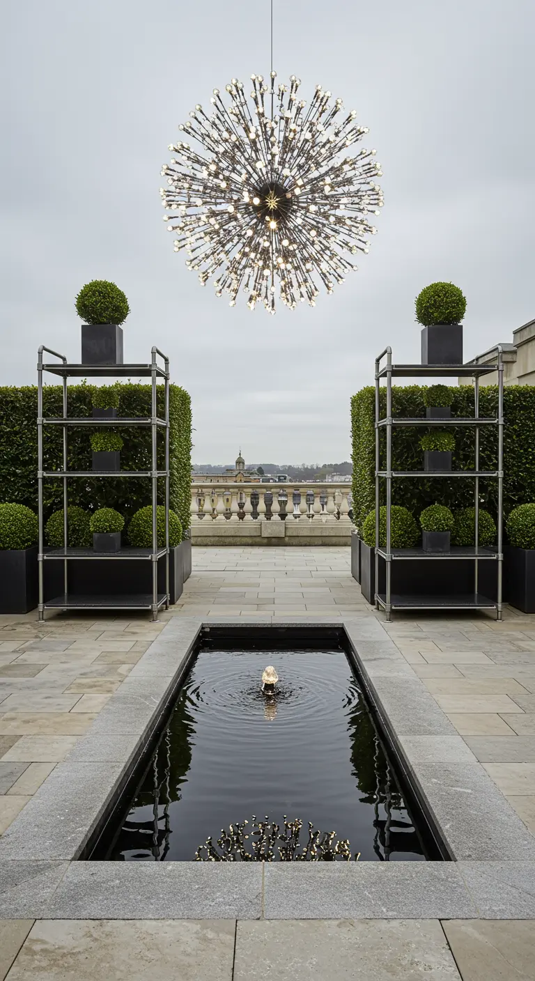 Two symmetrical pipe shelving units with topiary plants, framing a reflecting pool on a formal terrace.