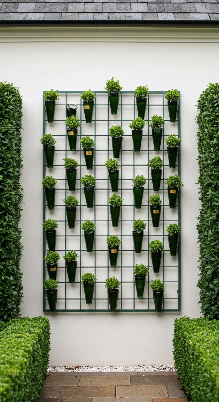 A vertical bottle garden with neatly trimmed plants on a white wall between hedges.