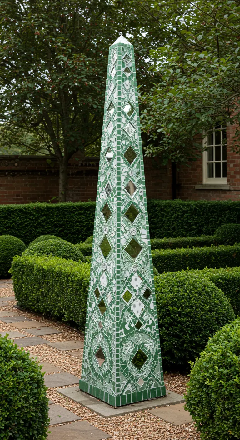 A tall, green and white mosaic obelisk with diamond-shaped mirrors in a formal garden.