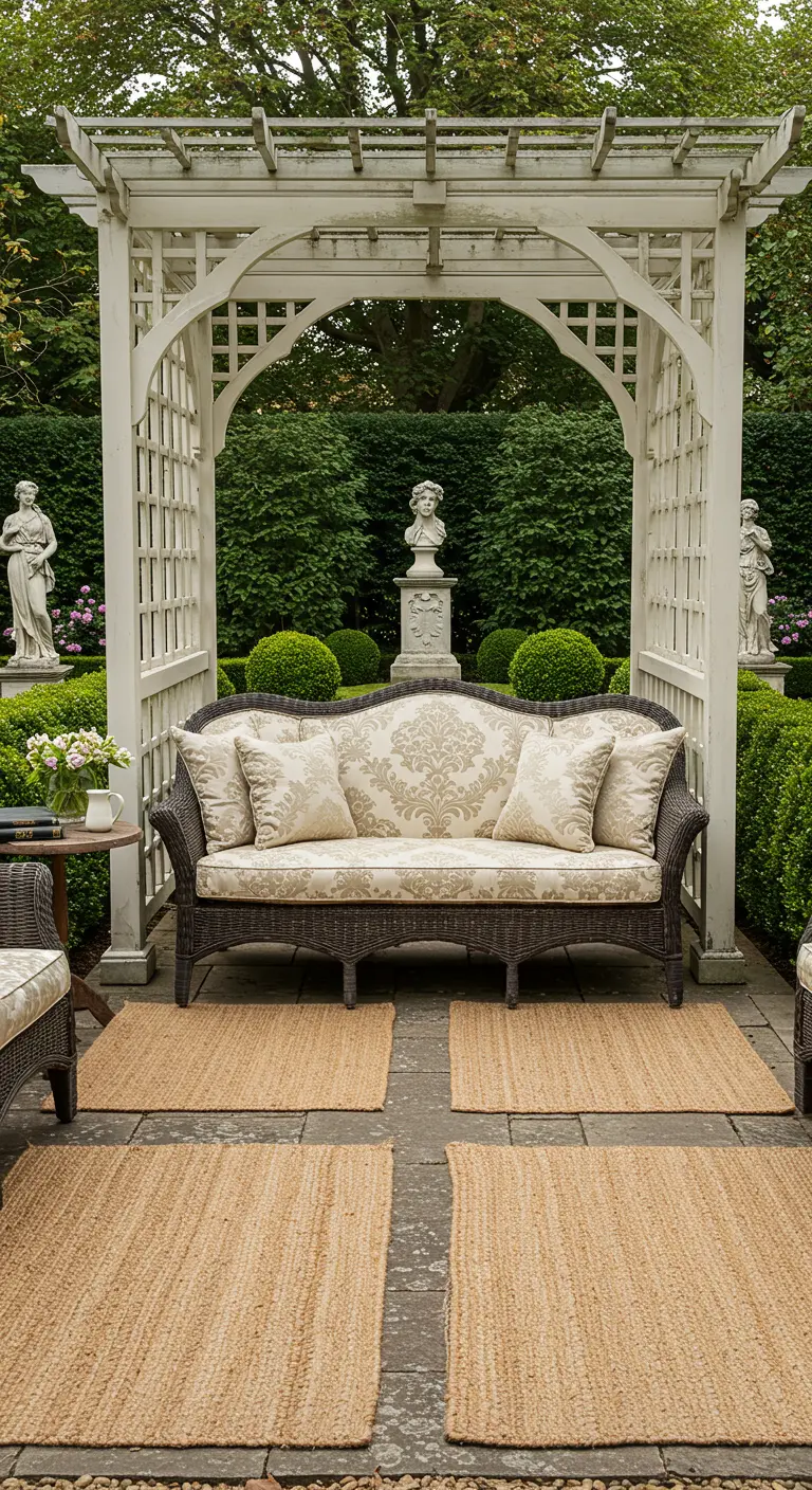 A dark, formal rattan sofa with damask cushions in a structured garden with a white pergola.