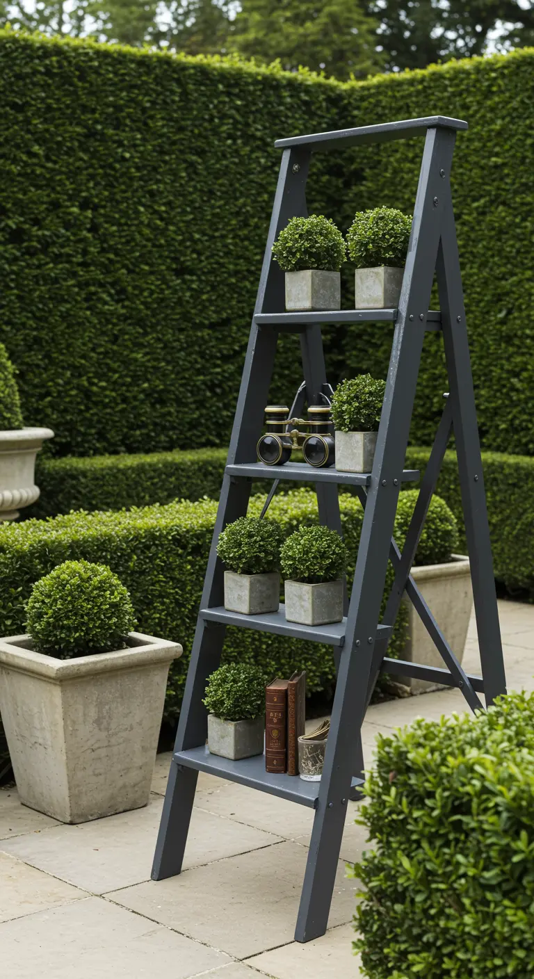 A charcoal gray ladder in a formal garden holding small, manicured boxwood topiaries.