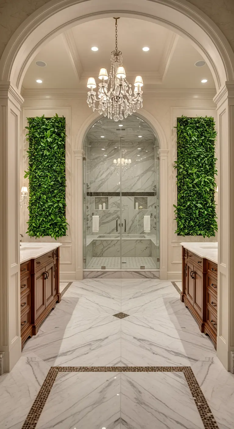 Symmetrical grand bathroom with two living walls framing an arched shower entrance.
