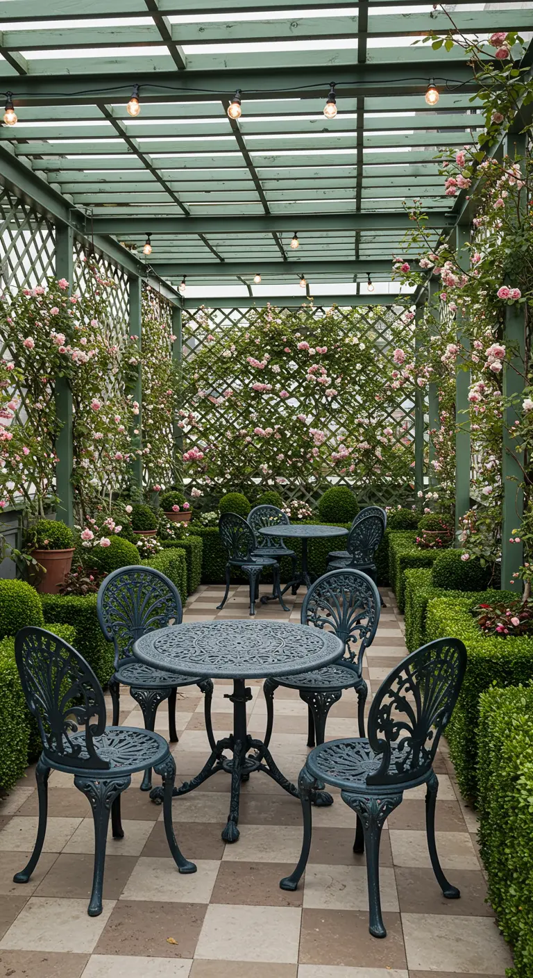 A formal rooftop garden with boxwood hedges, climbing roses, and ornate iron furniture.