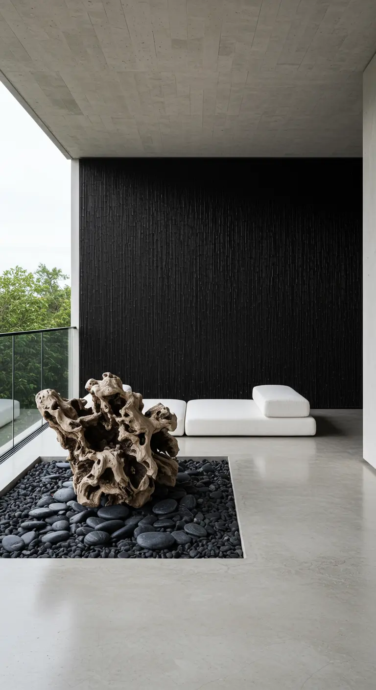 Modern balcony featuring a large driftwood sculpture on a bed of black river stones.
