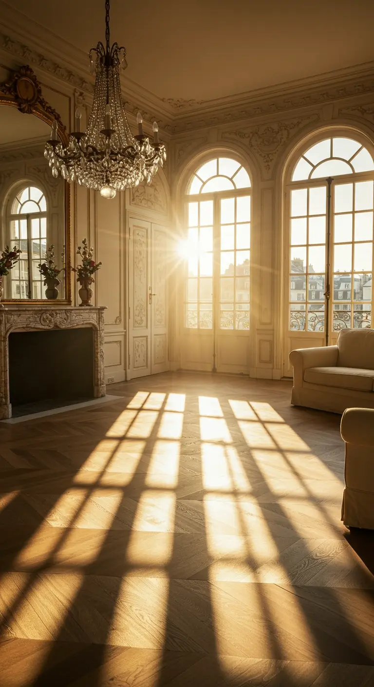 Sunlight streaming through arched windows onto herringbone floors in a grand Parisian room.