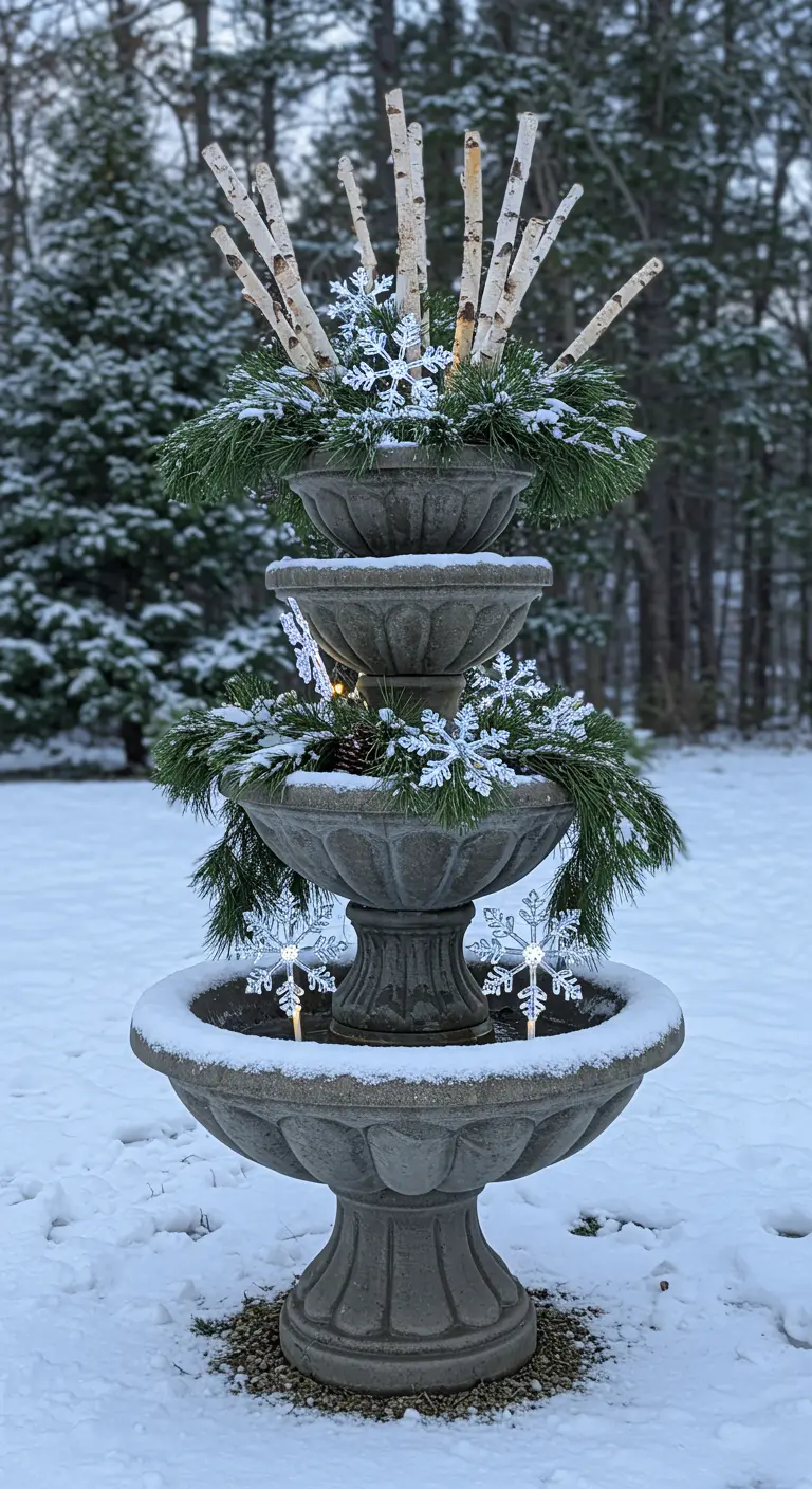 A tiered garden fountain filled with pine branches, birch sticks, and snowflake decorations.