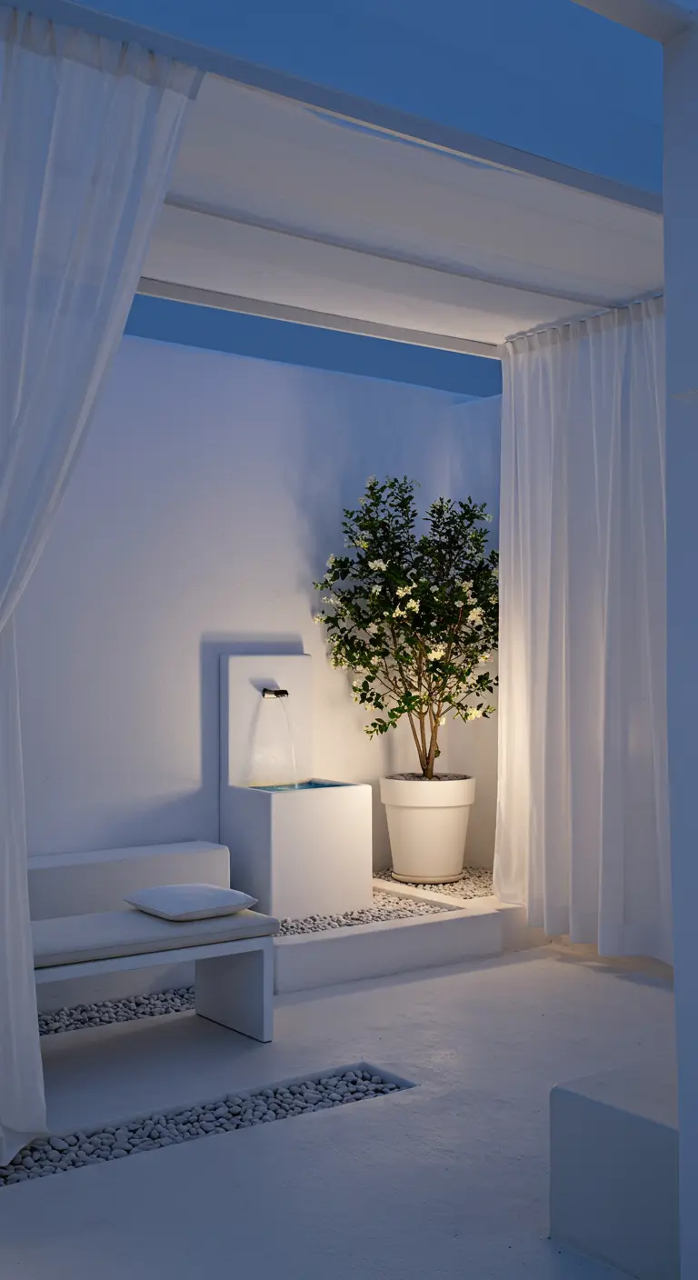 A minimalist white patio with a simple fountain, a flowering tree, and soft lighting.
