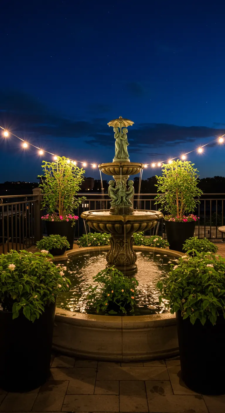 A tiered cherub fountain at night, illuminated by string lights and surrounded by planters.