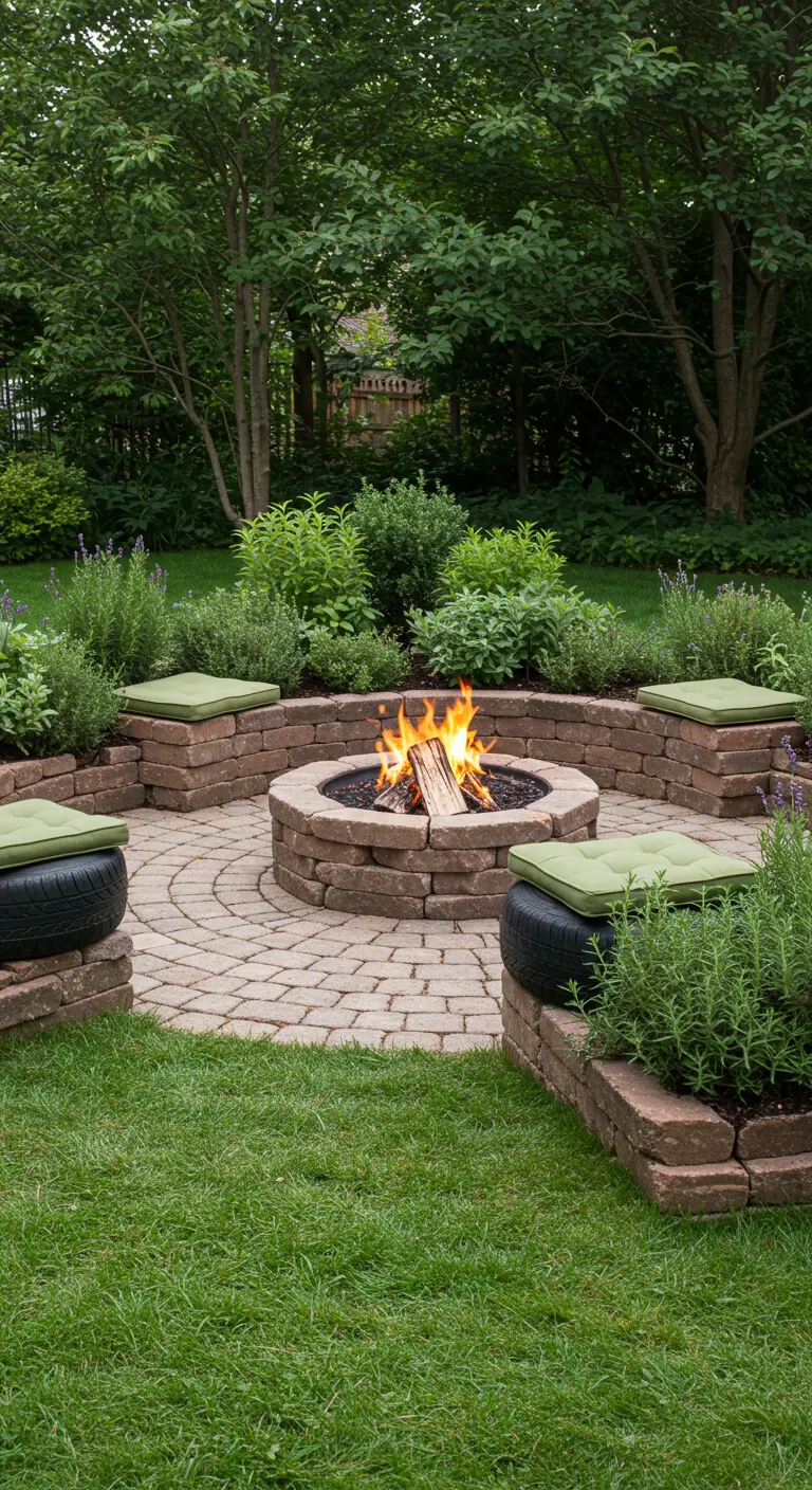 A fire pit where tire seats are separated by low brick planters filled with herbs.
