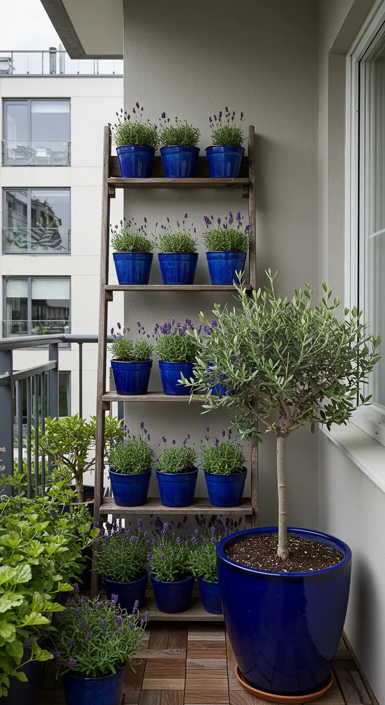 Wooden ladder shelf filled with lavender in small blue pots next to a large olive tree.