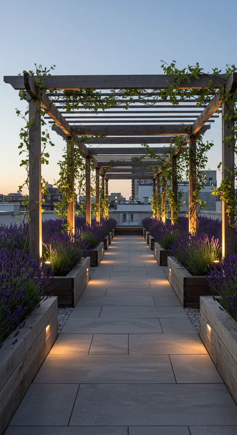 A long wooden pergola covered in vines, with a path lined by illuminated lavender planters.