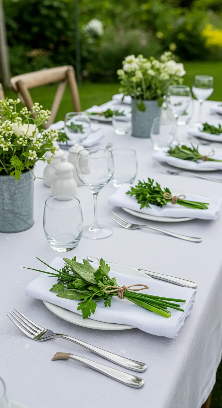 A crisp white napkin on a plate, topped with a small bundle of fresh herbs tied with twine.