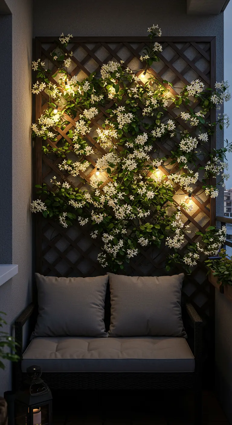A dark wood lattice at night covered in flowering jasmine and lit with string lights.